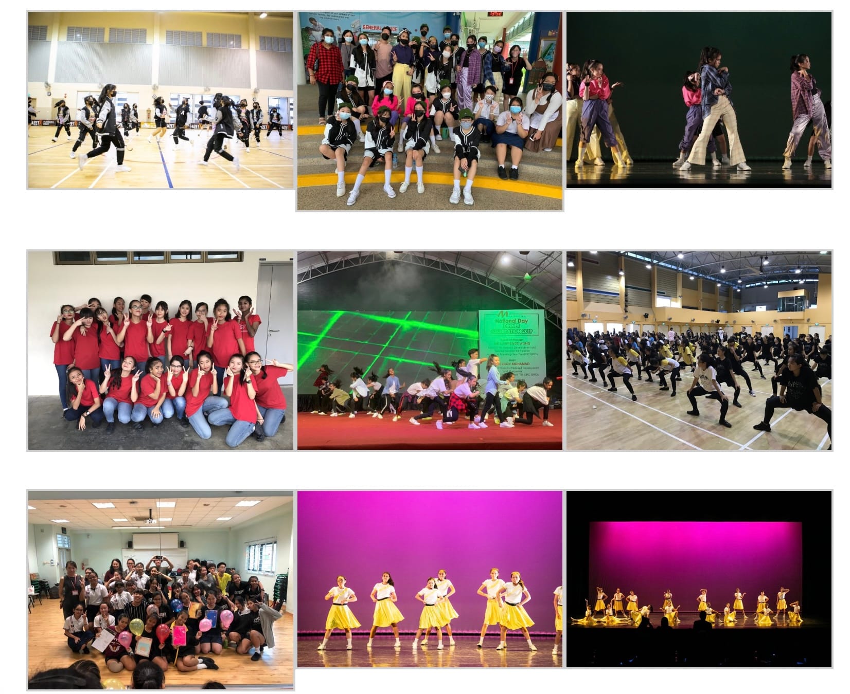 Nine photos showing youth dance groups performing on stages, in gyms, and posing together in matching outfits.